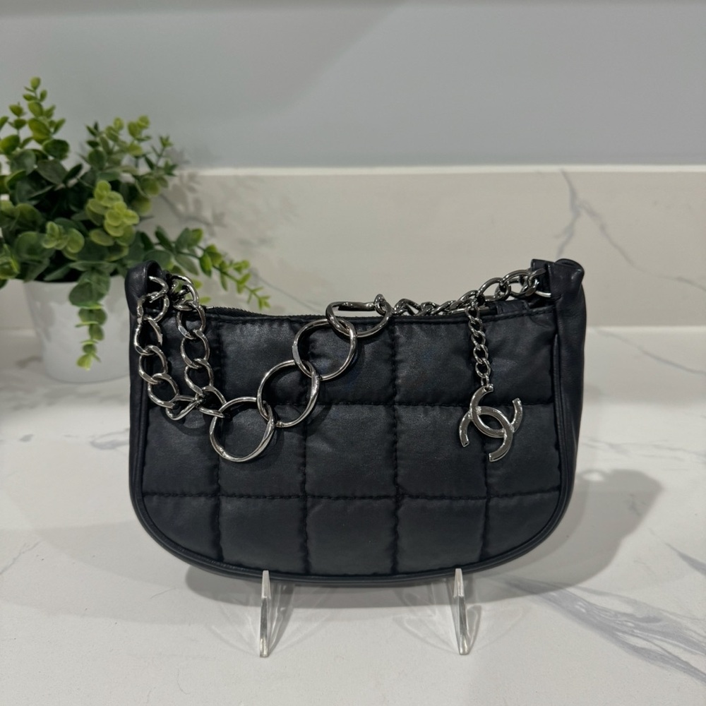 Authentic Chanel Leather & Nylon black bag with silver hardware